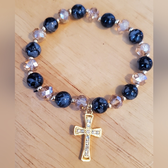 Jewelry - Gold Tone and Blue Stone Beaded Bracelet with Cross Charm